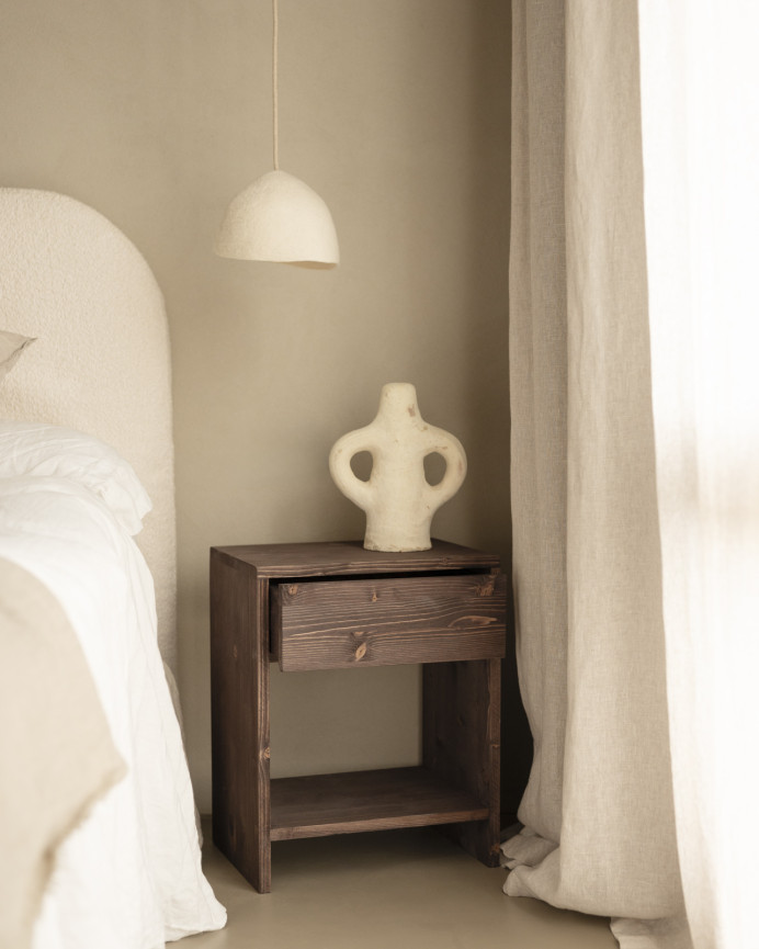 Set of 2 solid wood bedside tables with a walnut-toned drawer in various sizes.