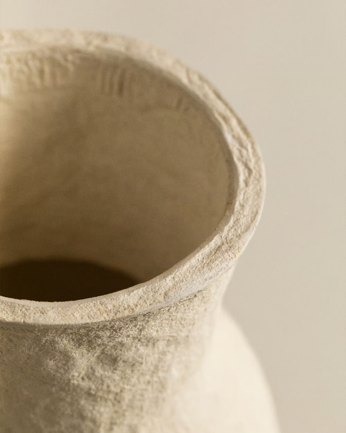 Beige paper mache vase measuring 31cm