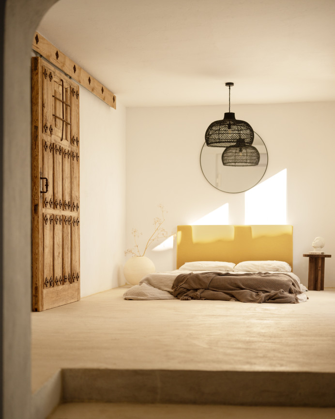 Upholstered cotton headboard in mustard color available in various sizes.