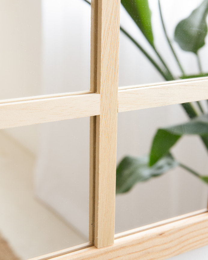 Rectangular wall mirror resembling a window made with natural finish wood.