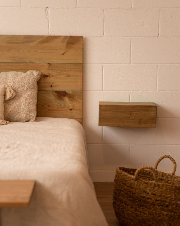 Pack solid wood headboard and floating bedside tables in dark oak tone of various sizes.