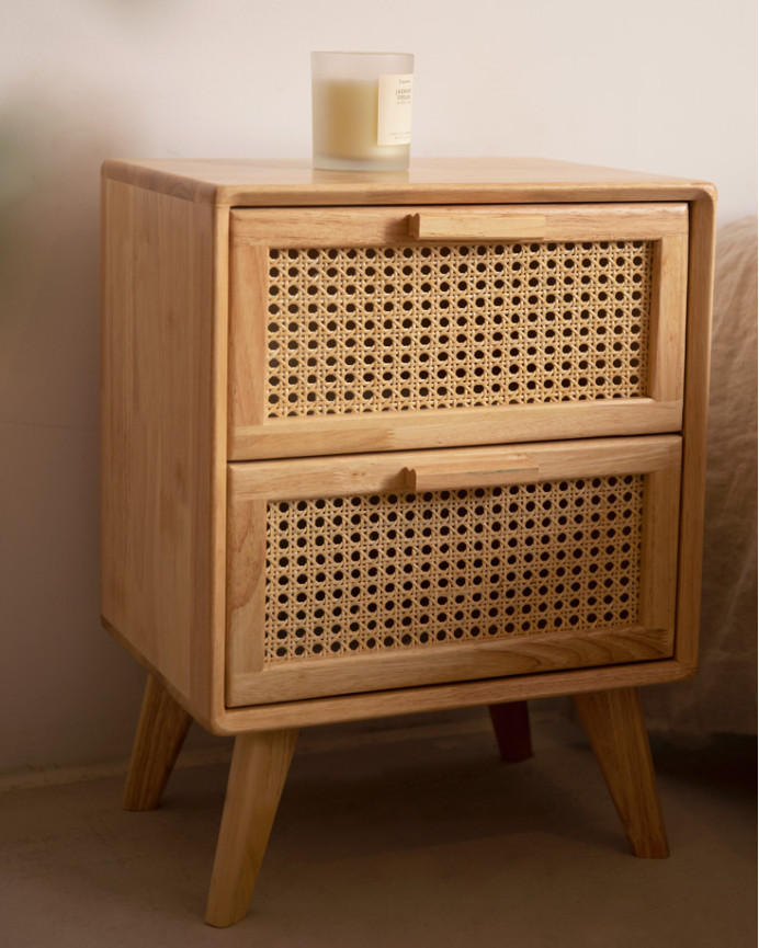 Set of upholstered beige headboard and 2 solid wood natural tone bedside tables in various sizes.