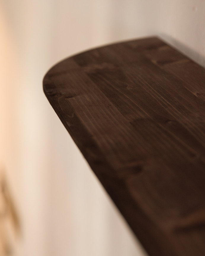 Pack of 3 floating rounded solid wood shelves in walnut tone, various sizes.