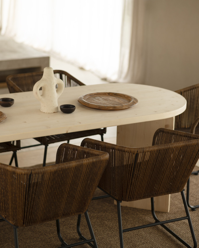 Solid wood dining table in natural tone available in various sizes.