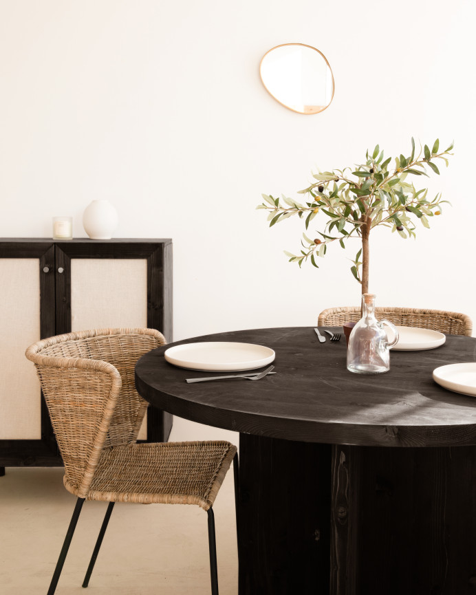 Round solid wood dining table in black tone with a diameter of 110cm
