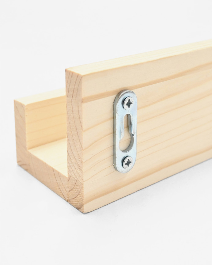 Solid wood floating shelf in natural tone, various sizes.