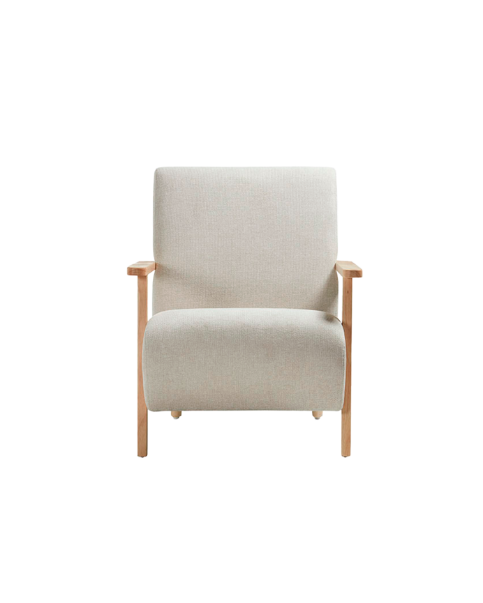 Solid wood armchair with beige fabric seat measuring 82x70cm.