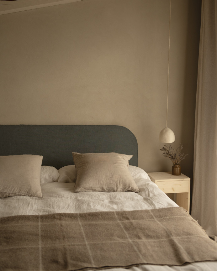 Upholstered blue linen headboard with removable cover, available in various sizes.