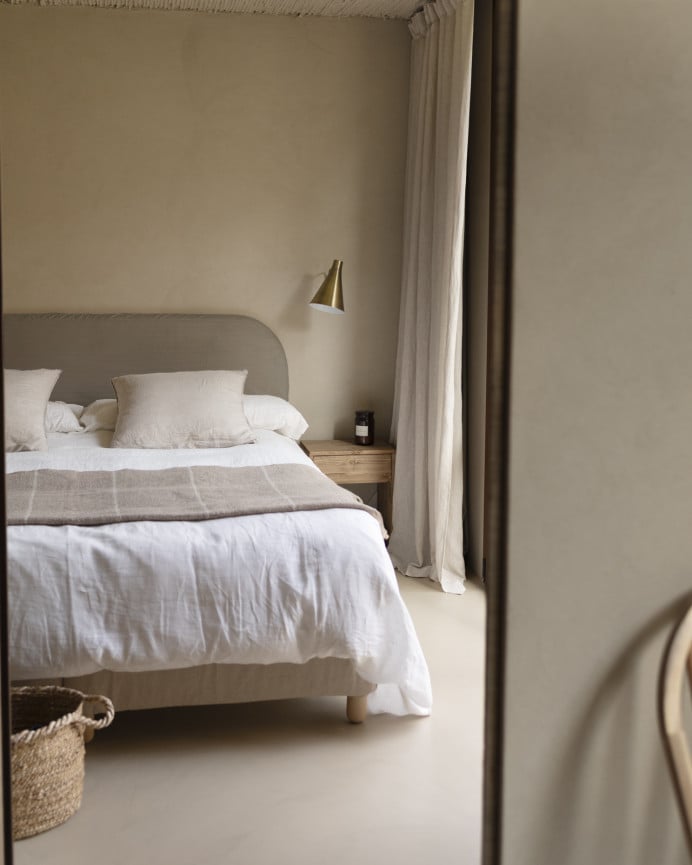 Upholstered headboard with removable cover in brown taupe corduroy fabric, available in various sizes.