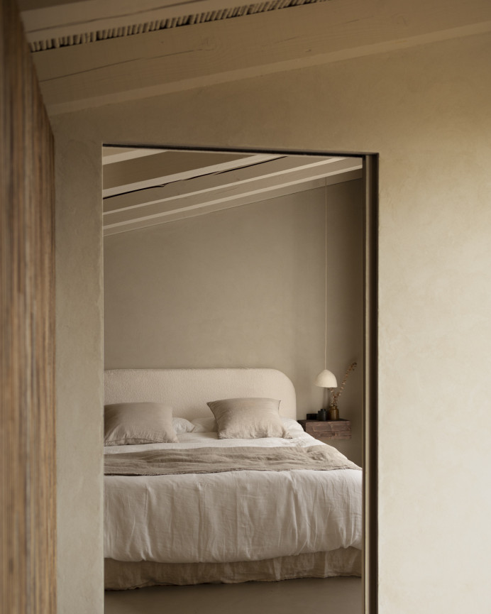 White bouclé headboard cover in various sizes.