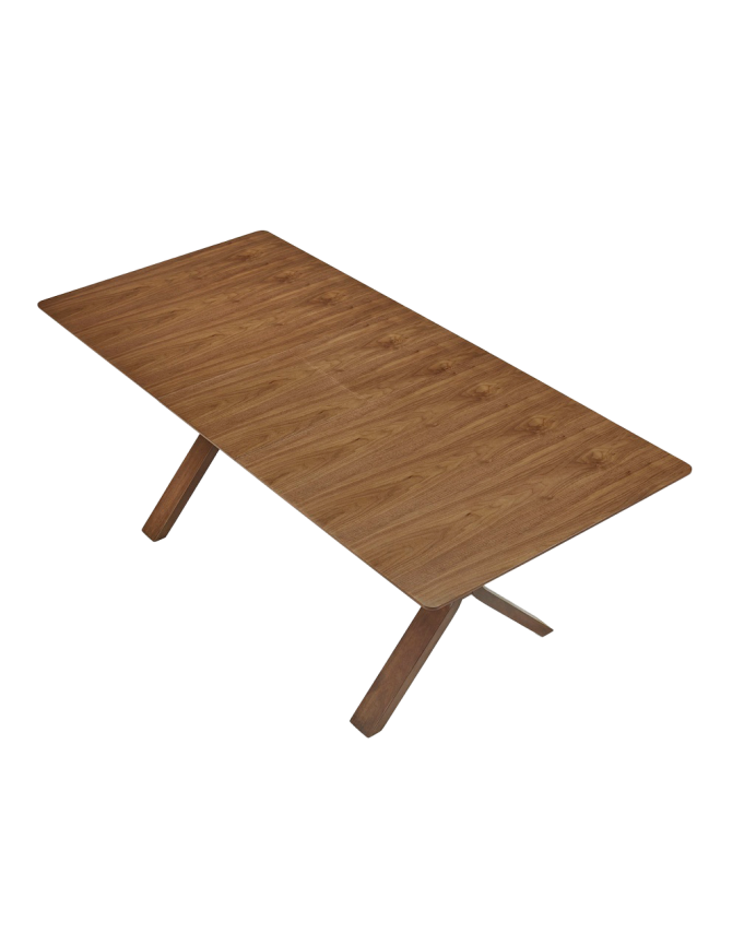 Extendable wooden dining table in dark oak tone, available in various sizes.