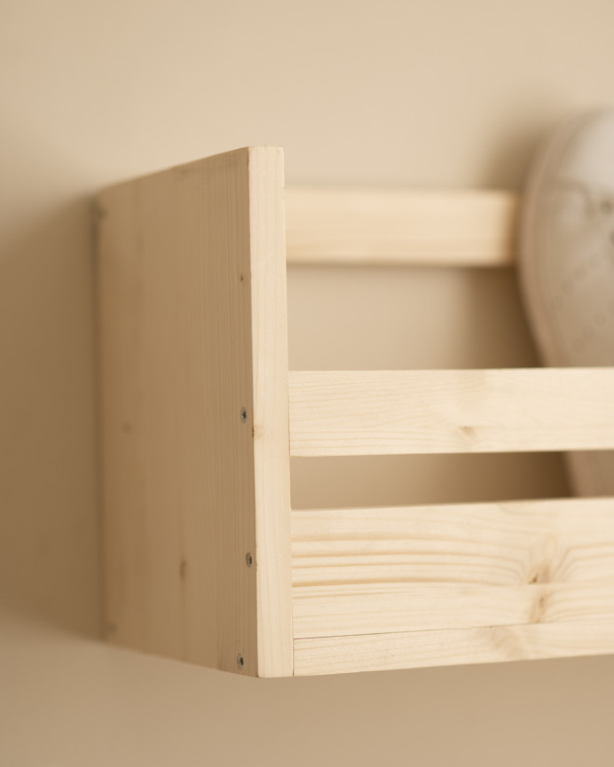 Solid wood shoe rack in natural tone available in various sizes.