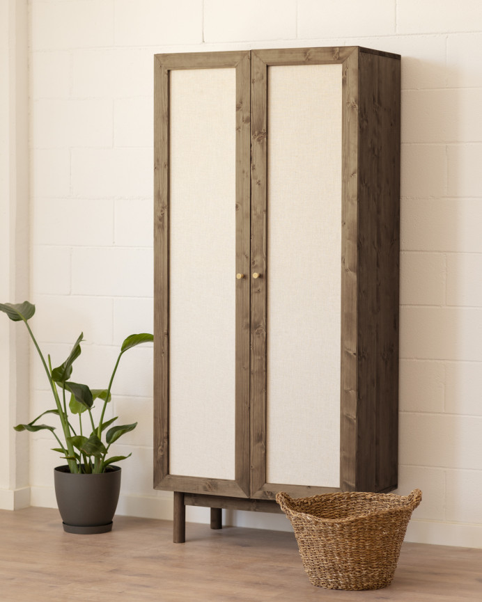 Cabinet made of fir wood and walnut-tone linen fabric measuring 180x80cm.
