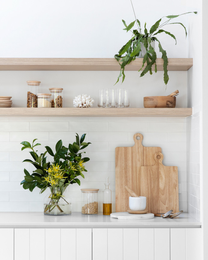 Solid wood floating shelf, natural finish, various sizes.