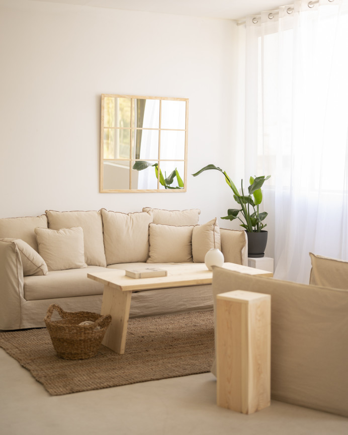 Square wall mirror window-type made of 90x90cm wood.