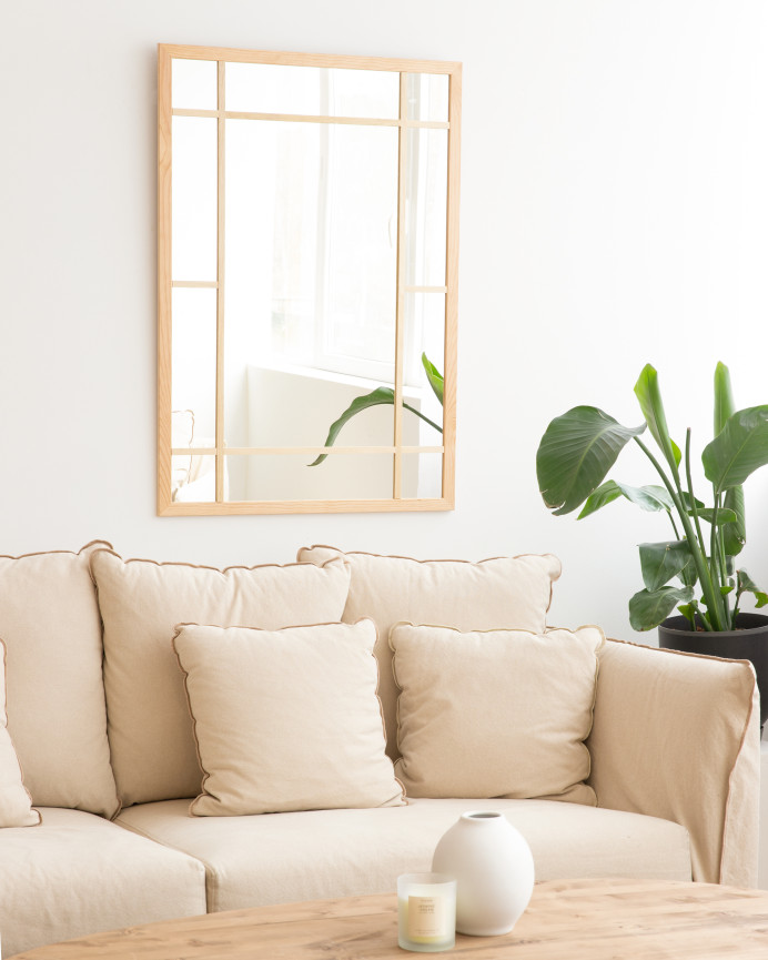 Rectangular wall mirror resembling a window made with natural finish wood.