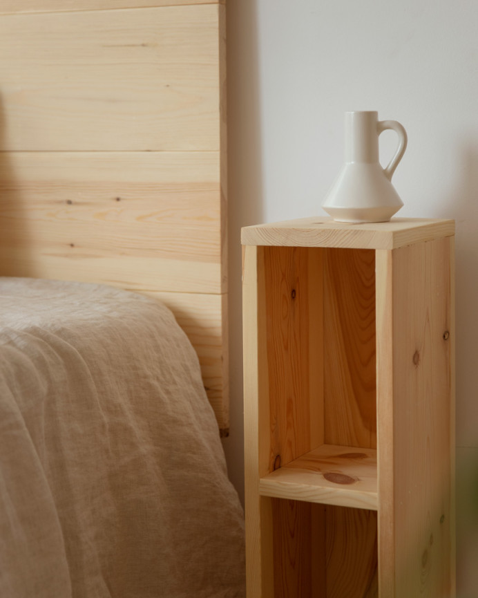 Pack solid wood headboard and bedside tables in natural tone in various sizes.