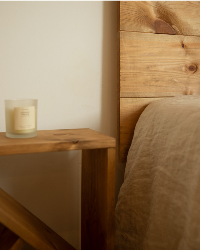 Pack headboard and solid oak bedside tables in dark oak tone in various sizes.