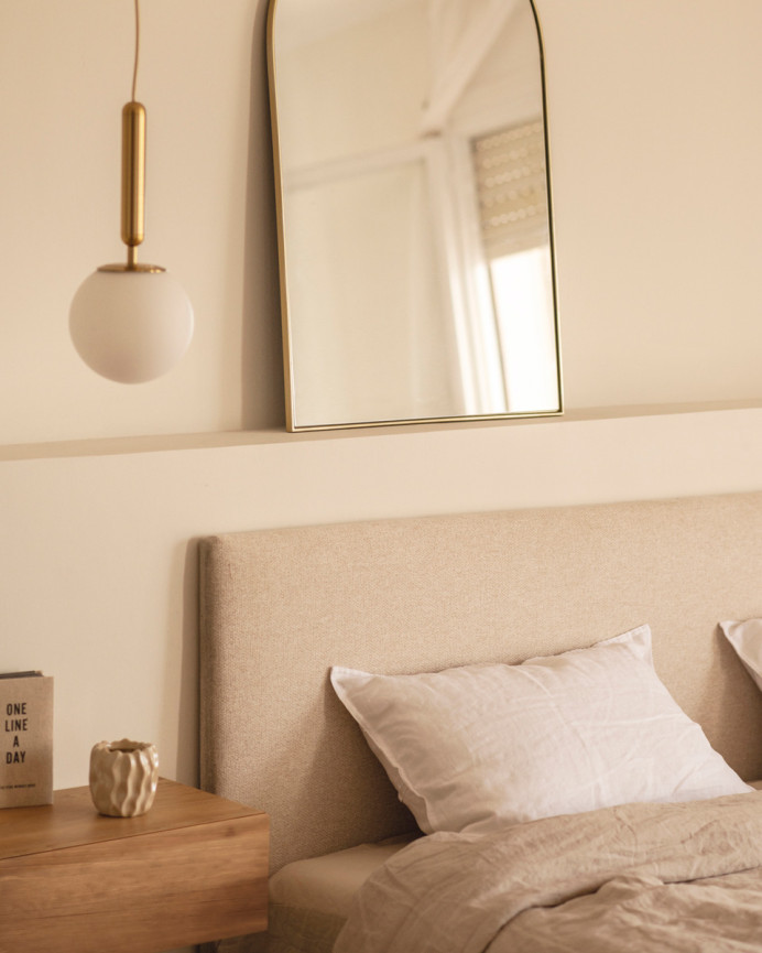 Upholstered beige headboard set and 2 dark oak solid wood floating nightstands in various sizes.