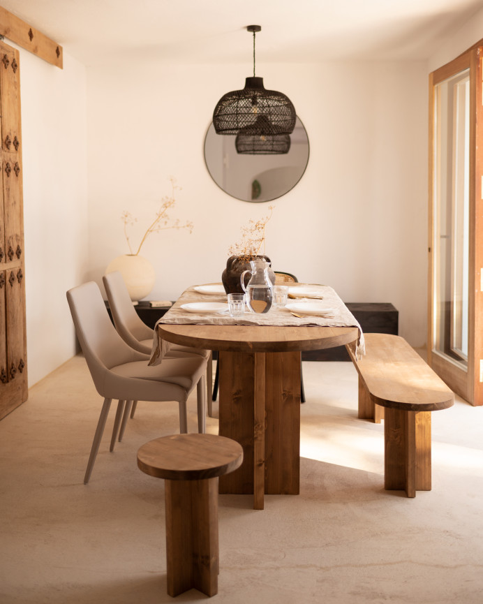 Pack oval dining table and solid wood bench in dark oak tone in various sizes