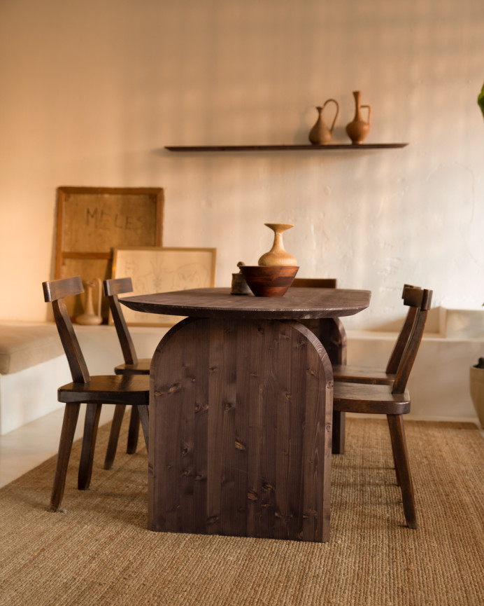 Pack of 3 floating rounded solid wood shelves in walnut tone, various sizes.