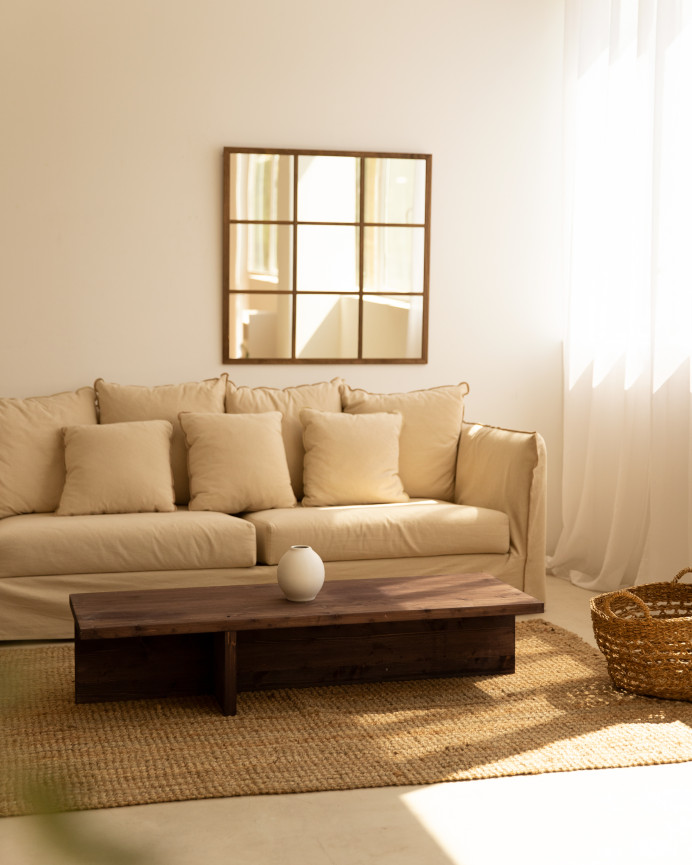 Solid wood walnut-toned coffee table measuring 124x27cm.
