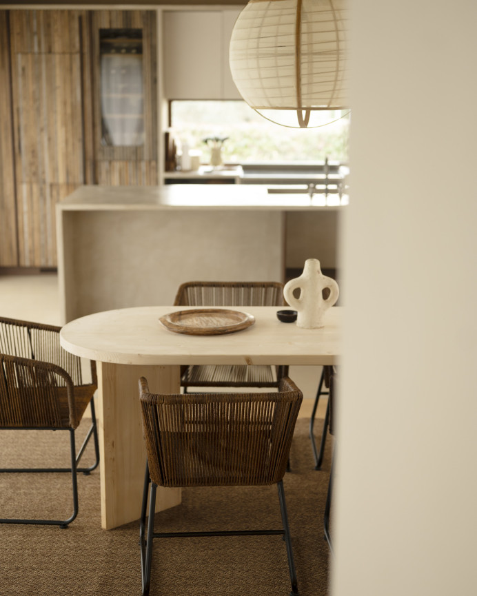 Solid wood dining table in natural tone available in various sizes.