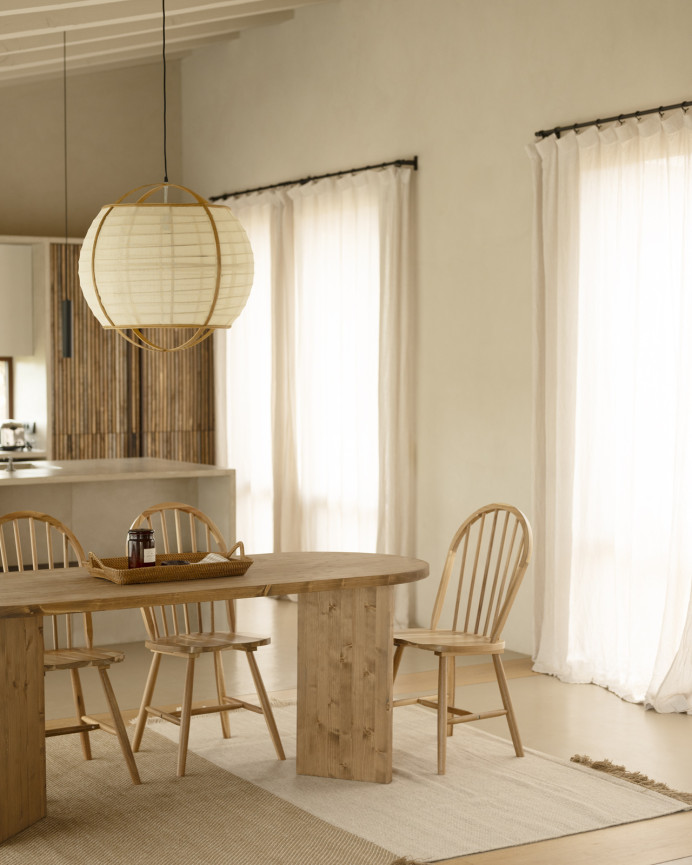 Solid wood dining table in a dark oak tone available in various sizes.