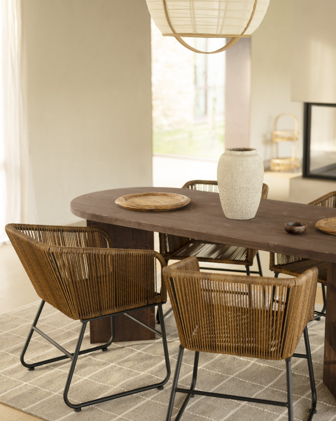 Solid wood dining table in walnut tone available in various sizes.