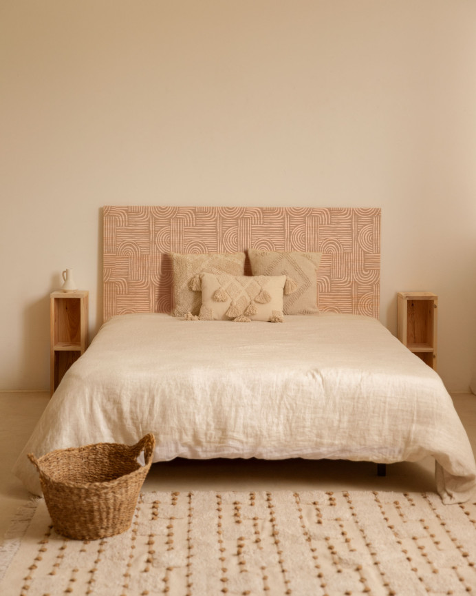 Solid wood headboard with various sizes printed on it.