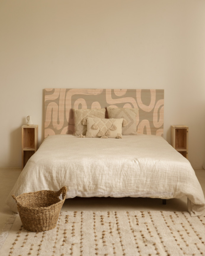 Solid wood headboard with various sizes stamped.