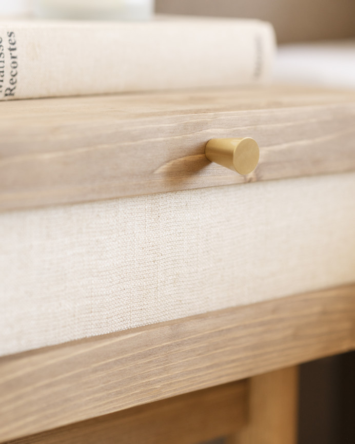 Solid wood and linen bedside table with a dark oak tone drawer, measuring 40x45cm.