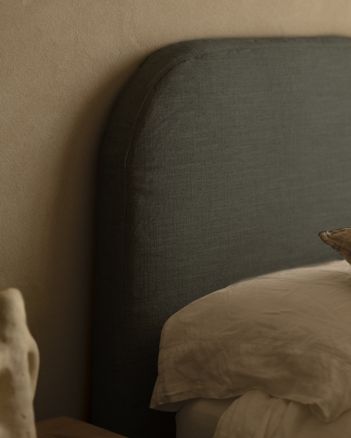 Upholstered blue linen headboard with removable cover, available in various sizes.