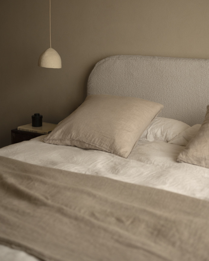 Light gray bouclé headboard cover available in various sizes.
