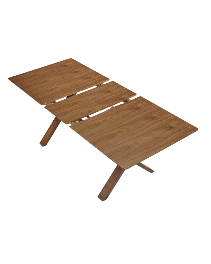 Extendable wooden dining table in dark oak tone, available in various sizes.