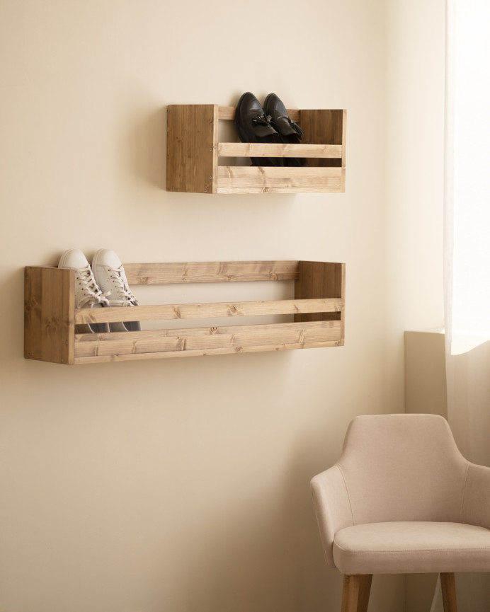 Solid wood shoe rack in dark oak tone, available in various sizes.