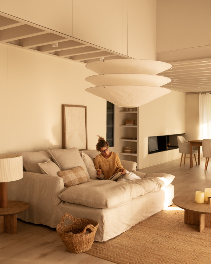 Sofa cover in beige cotton and linen with long length, available in various sizes.
