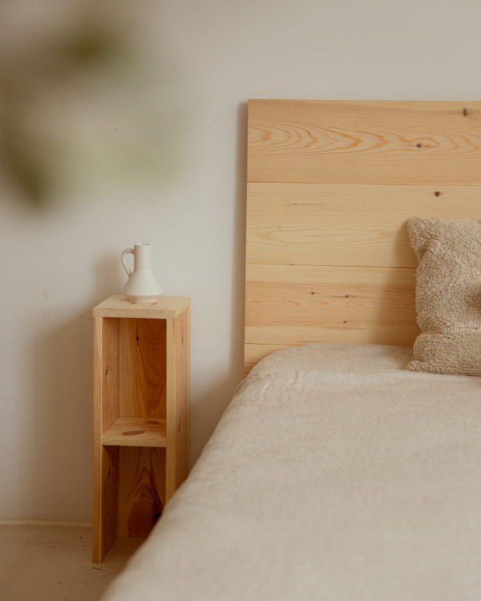 Pack solid wood headboard and bedside tables in natural tone in various sizes.