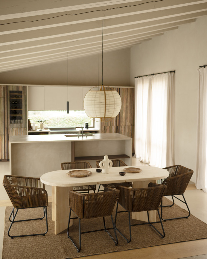 Solid wood dining table in natural tone available in various sizes.