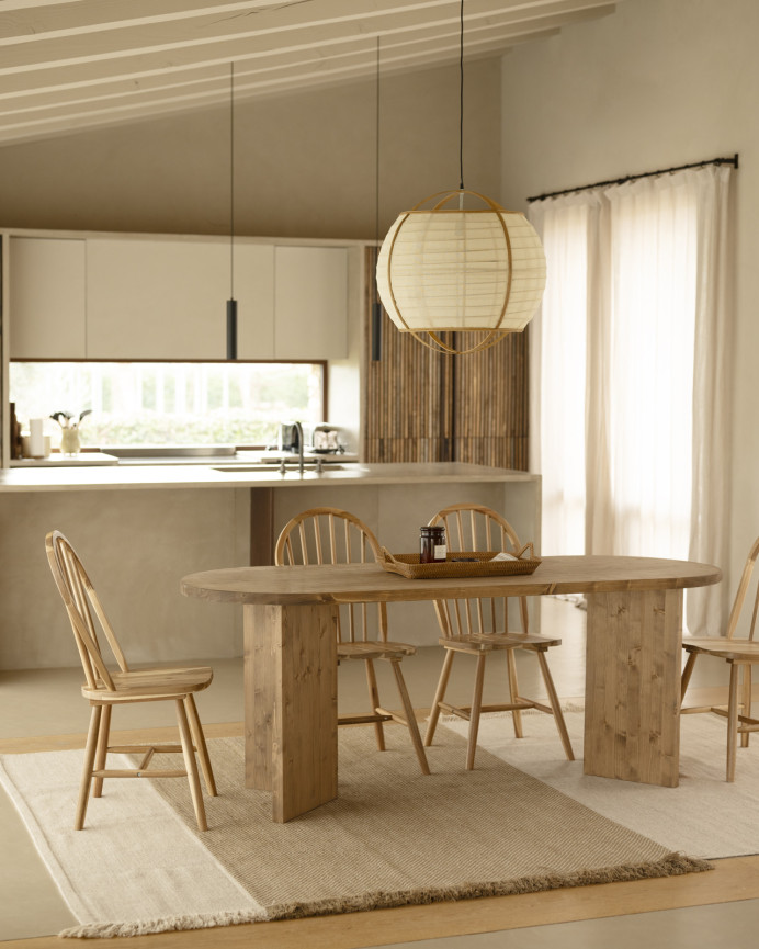 Solid wood dining table in a dark oak tone available in various sizes.