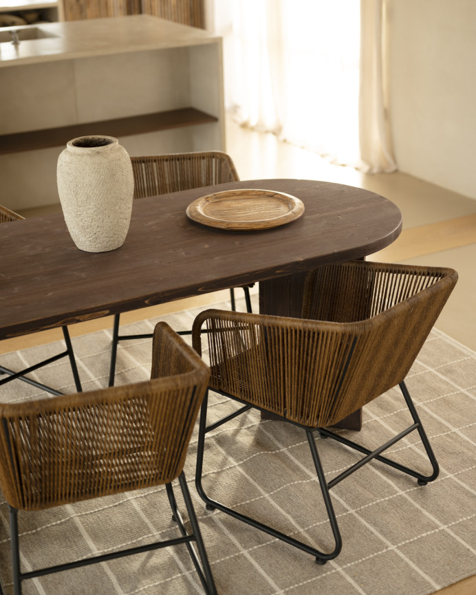 Solid wood dining table in walnut tone available in various sizes.