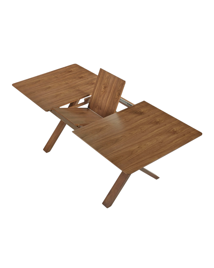 Extendable wooden dining table in dark oak tone, available in various sizes.