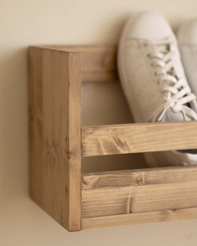 Solid wood shoe rack in dark oak tone, available in various sizes.