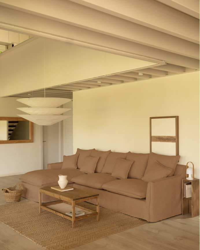 Sofa cover with left-hand chaise longue made of cotton and linen in a terracotta color, available in various sizes.