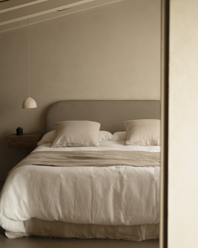 Brown bouclé headboard cover available in various sizes.