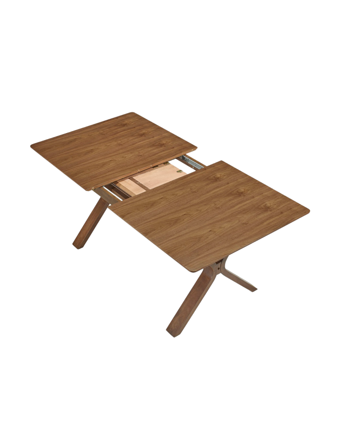 Extendable wooden dining table in dark oak tone, available in various sizes.