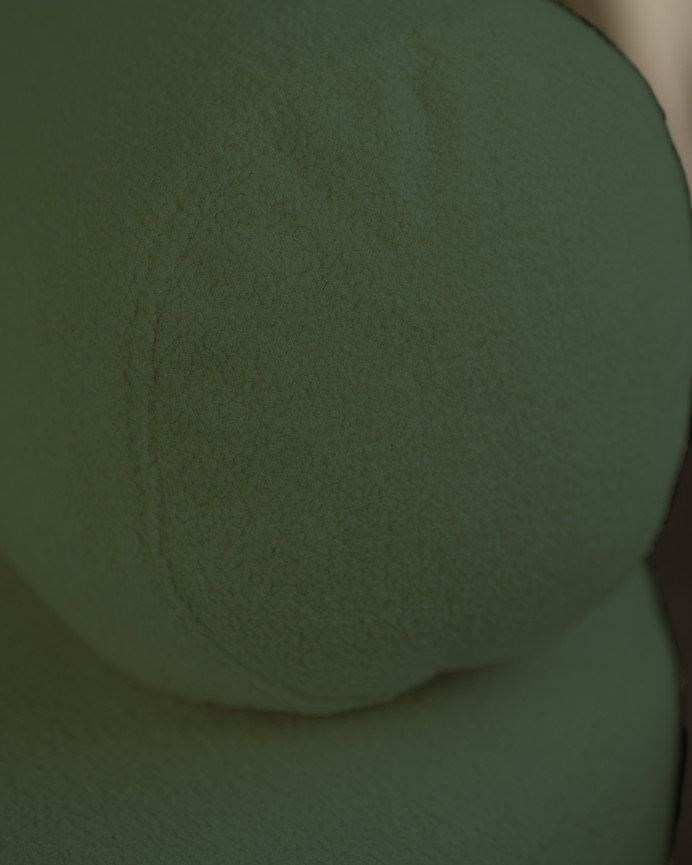 Round green bouclé armchair of 91x71cm.