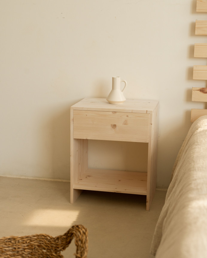 Set of 2 solid wood bedside tables with a natural tone drawer in various sizes