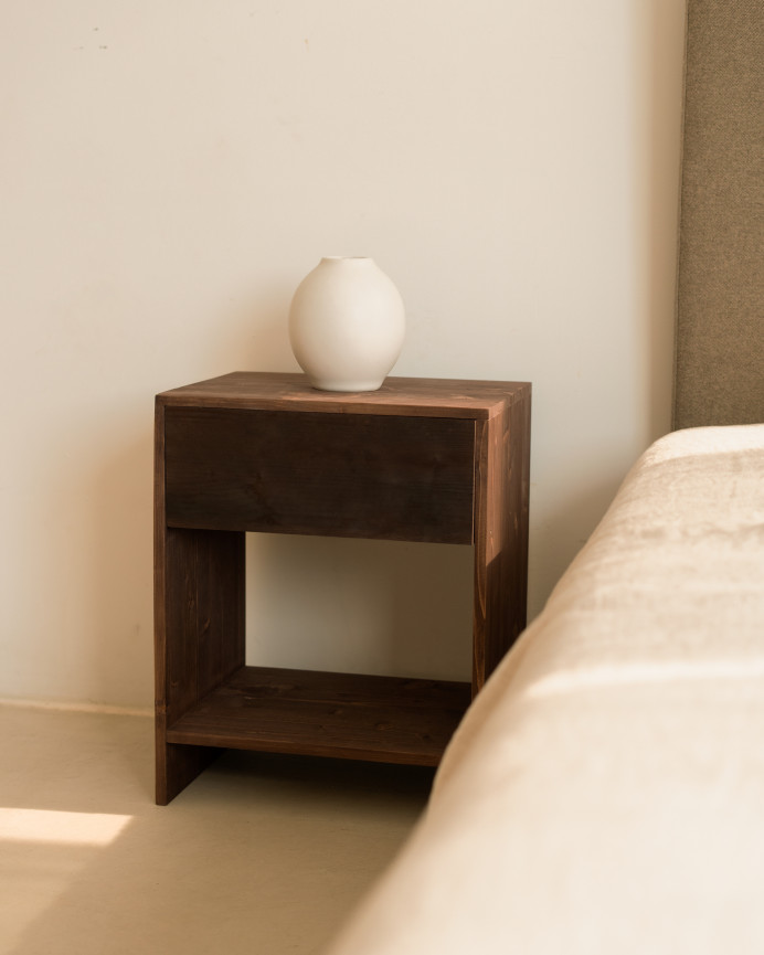 Set of 2 solid wood bedside tables with a walnut-toned drawer in various sizes.