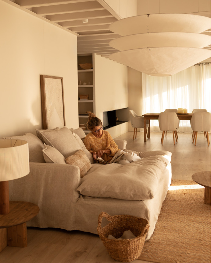 Sofa cover in beige cotton and linen with long length, available in various sizes.